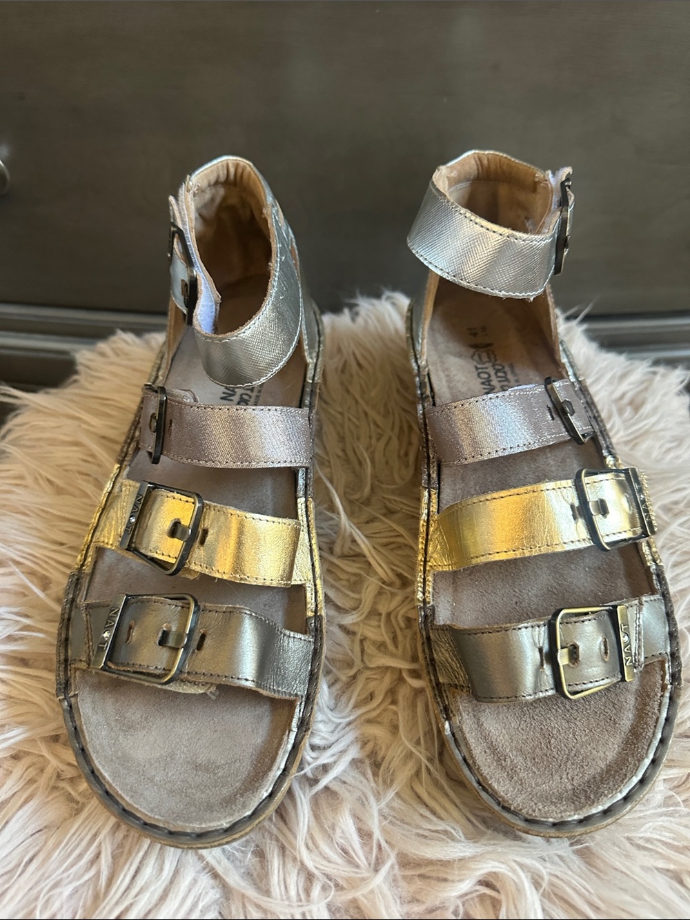 Naot Metallic Gold & Silver Buckle Sandals